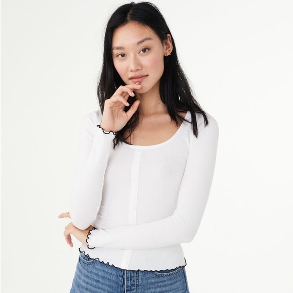 Aeropostale White Long Sleeve Solid Lettuce Trim Faux Button Down Henley Small - Picture 1 of 7